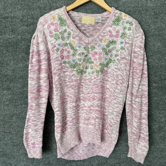 Vintage Floral Sweater Womens Small Pink Pastel Modest V-Neck 80s Pullover - Picture 3 of 16